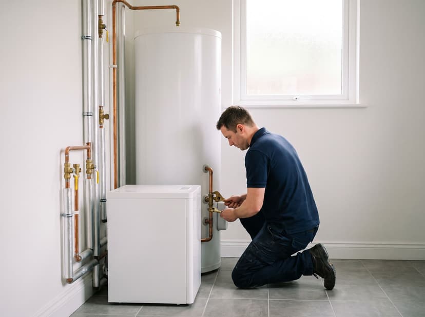 Heating engineer tightening a pipe fitting beside a new hot water cylinder and indoor heat pump unit in a utility room