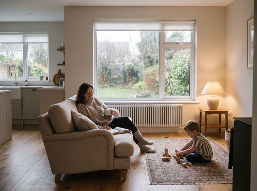Mother and child relaxing in a warm living room with a white column radiator under the window on a rainy day